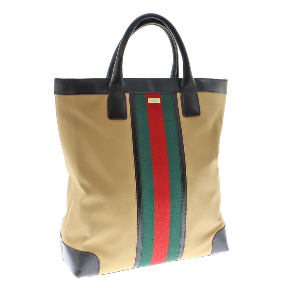 GUCCI Tote Bag Canvas Leather Beige Black Sherry